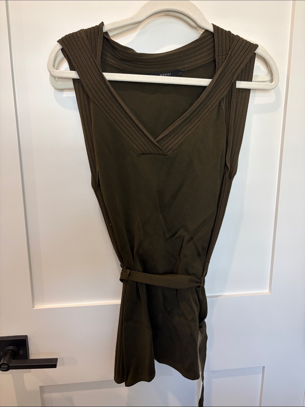 Gucci Sleeveless Olive Green V-Neck sweater top with Waist Tie